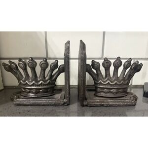 Cast Iron Metal Pair Crown Princess King Queen Set Of Book Ends